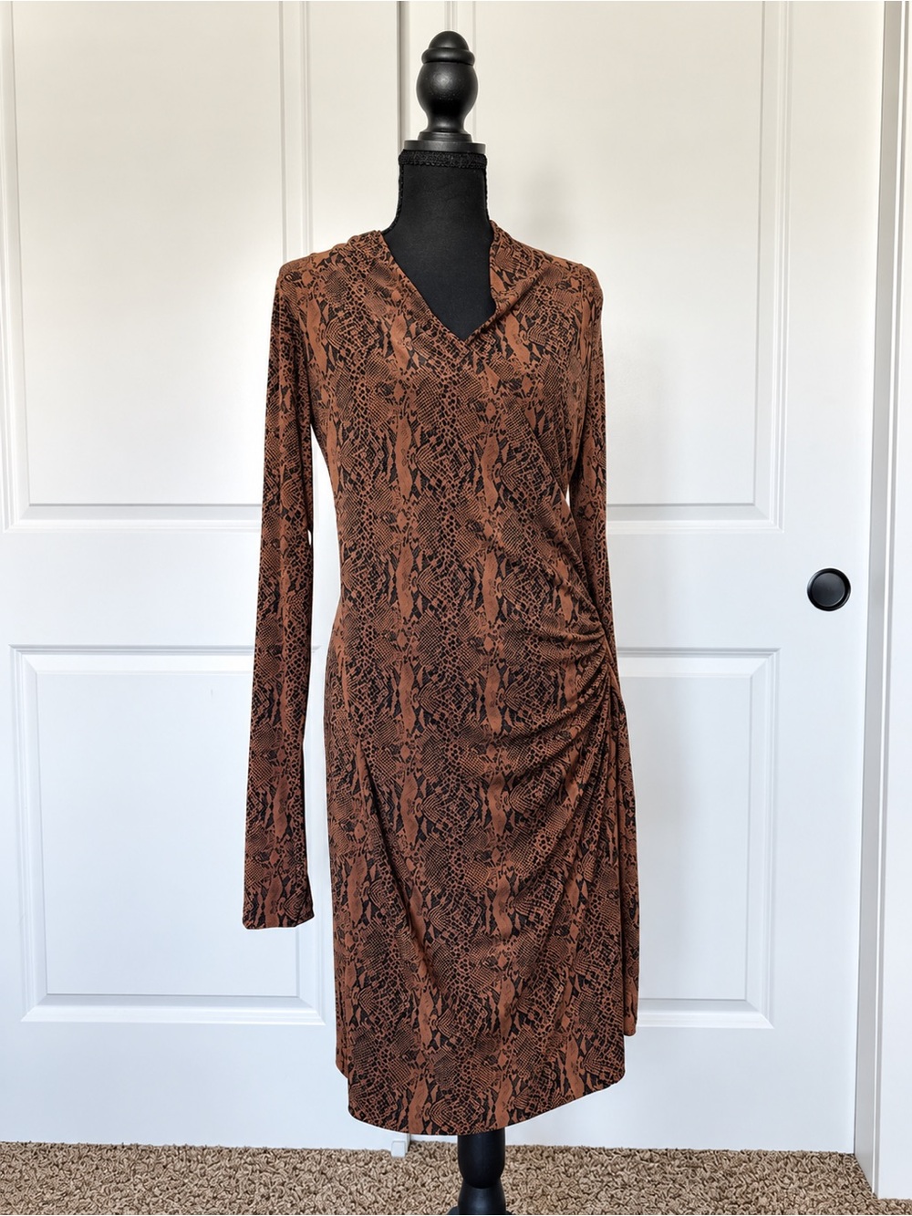 Norma Kamali Brown Snake-Print Long-Sleeve Ruched Dress